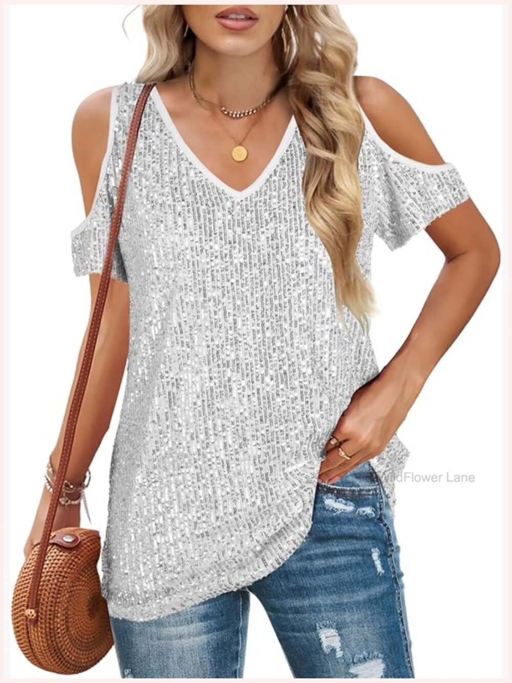 Sparkly Sequin Cold Shoulder V Neck Top Party Shirt Blouse